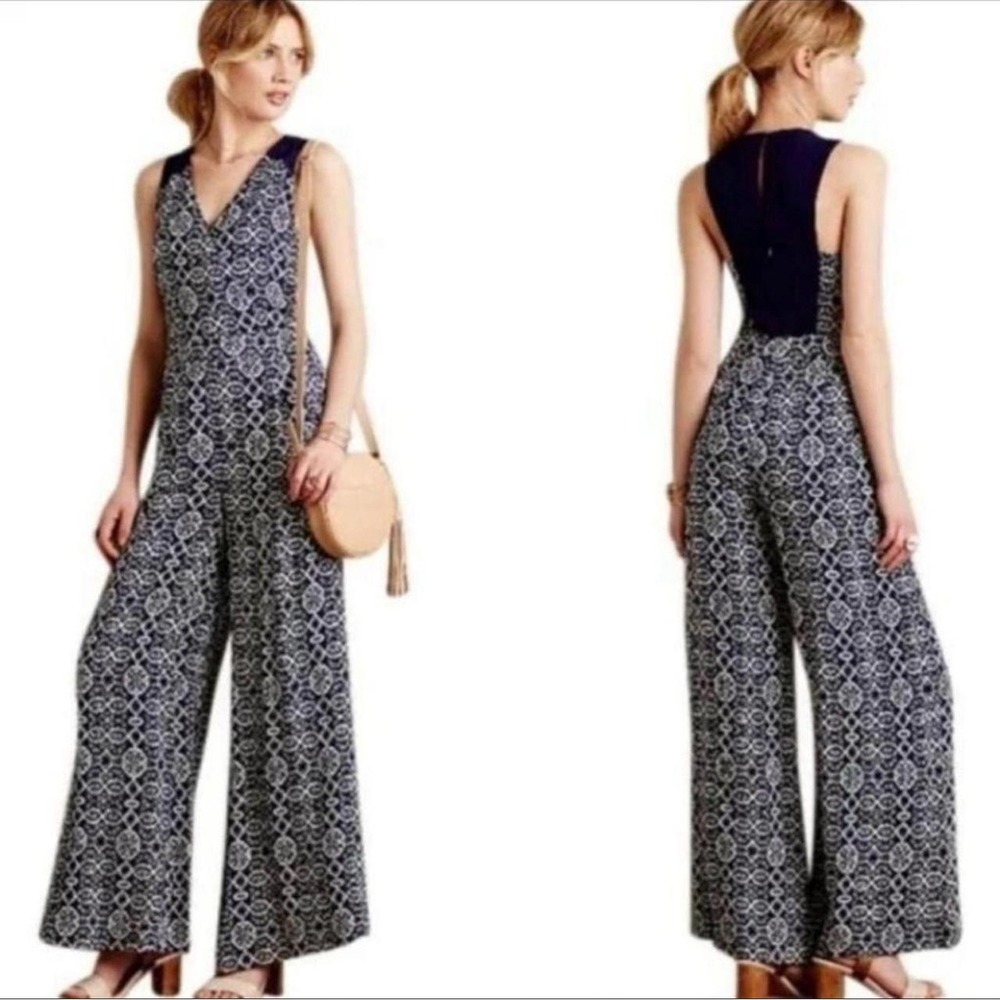Elevenses Anthropologie Audra Wide Leg Jumpsuit Navy Blue White Geometric Size 4